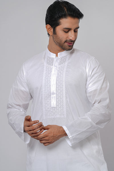 Men's Panjabi: Opt White, Tobaco Brown & Timber Green