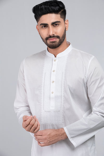 Men's Panjabi: Opt White, Woodland & Blue