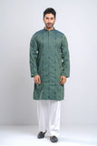 Slim Fit Two-Tone Fabric Floral Embroidered Men's Panjabi :  Redwood. Sandrift & Rain Forest