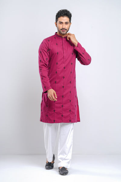 Slim Fit Two-Tone Fabric Floral Embroidered Men's Panjabi :  Redwood. Sandrift & Rain Forest