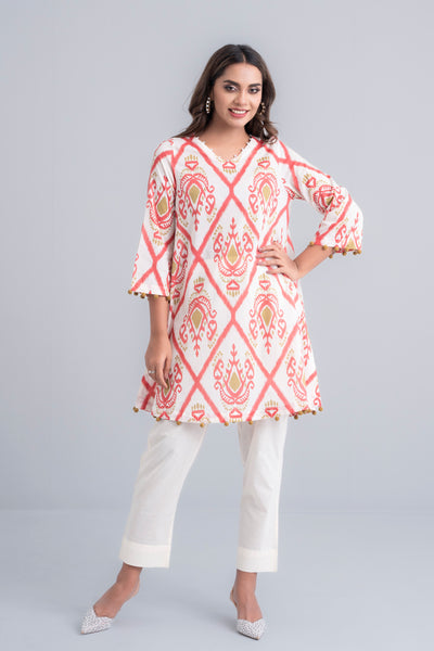 Women's Lawn Kurta - Red & Off White