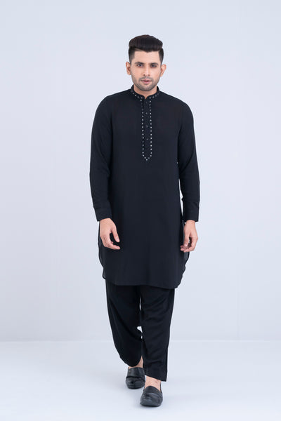 Regular Fit Dollar-Embroidered Men's Kabli Set: Jet Black &  Optical White