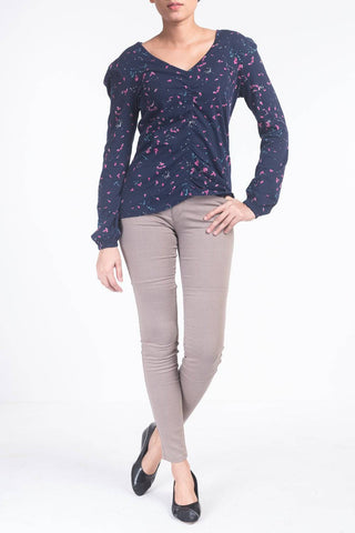 LADIES KNITTED T-SHIRT NAVY MULTI PRINT