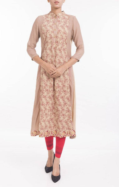 Screen Printed with Embroidered Patch Women's Ethnic Trial BEIGE