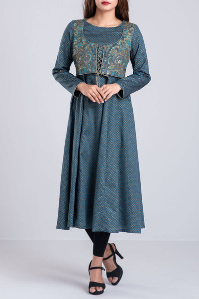 Women's Embroidered Kurti : Teal Blue