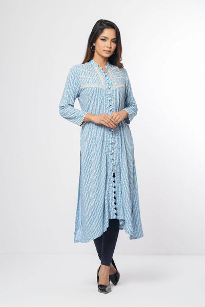 Women's Ethnic Kurta: Placid Blue Printed & Ochre Printed