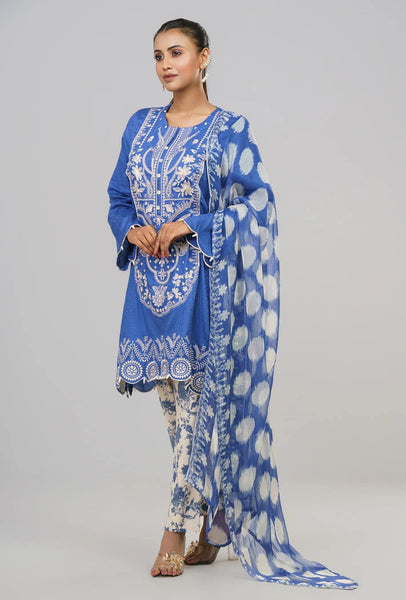 Women's Jacquard Lawn - Three-Piece  With Chiffon Dupatta : Blue & Green