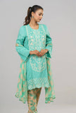 Women's Jacquard Lawn - Three-Piece  With Chiffon Dupatta : Blue & Green